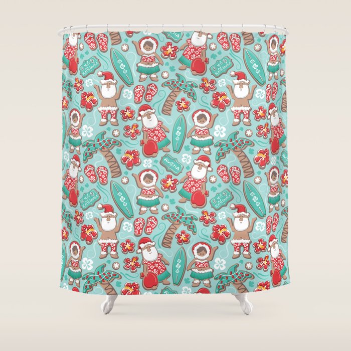 Mele Kalikimaka Hawaiian Christmas gingerbread cookies // aqua background Shower Curtain Gallery Image 1