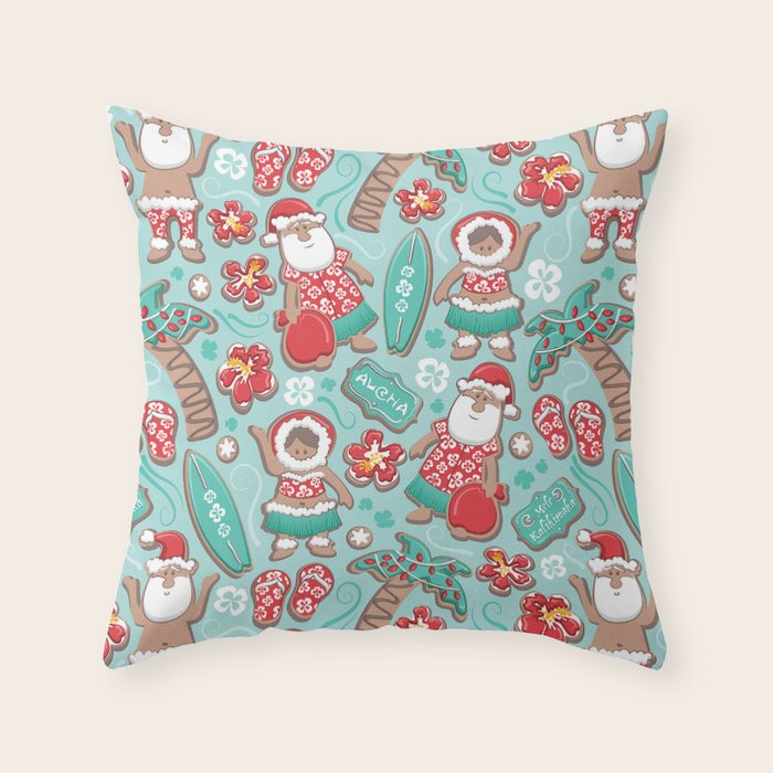 Mele Kalikimaka Hawaiian Christmas gingerbread cookies // aqua background Throw Pillow Gallery Image 1