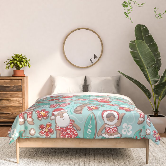 Mele Kalikimaka Hawaiian Christmas gingerbread cookies // aqua background Comforter Gallery Image 3