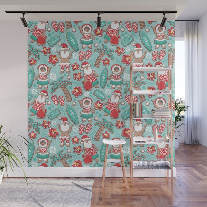 Mele Kalikimaka Hawaiian Christmas gingerbread cookies // aqua background Wall Mural Gallery Image 1