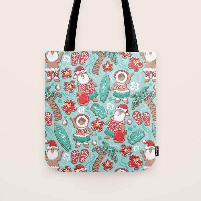 Mele Kalikimaka Hawaiian Christmas gingerbread cookies // aqua background Tote Bag Gallery Image 1