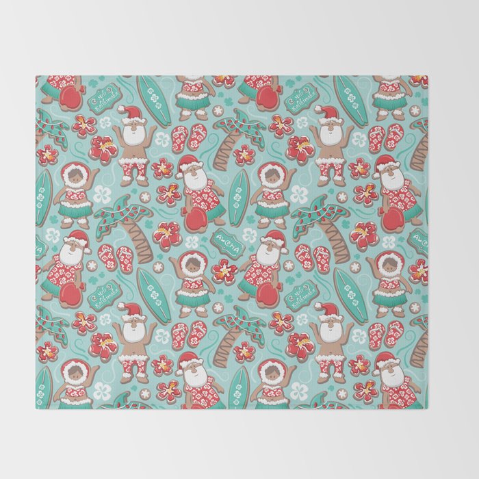 Mele Kalikimaka Hawaiian Christmas gingerbread cookies // aqua background Throw Blanket Gallery Image 2