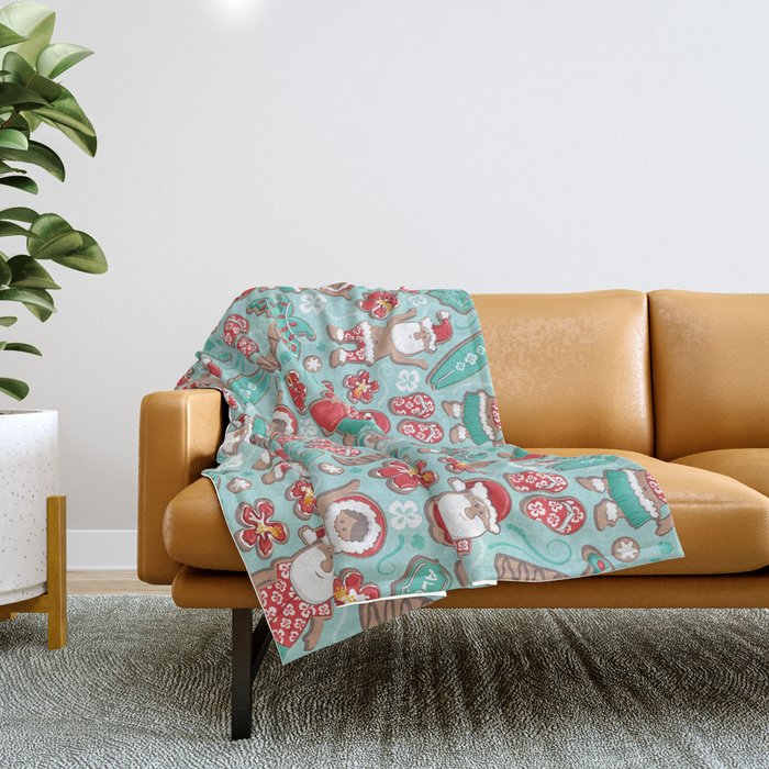 Mele Kalikimaka Hawaiian Christmas gingerbread cookies // aqua background Throw Blanket Gallery Image 1