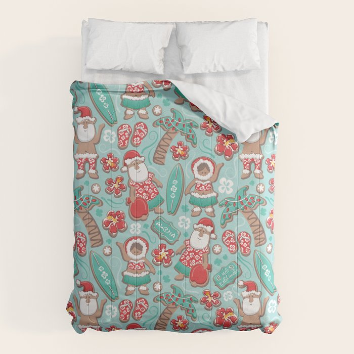 Mele Kalikimaka Hawaiian Christmas gingerbread cookies // aqua background Comforter Gallery Image 6