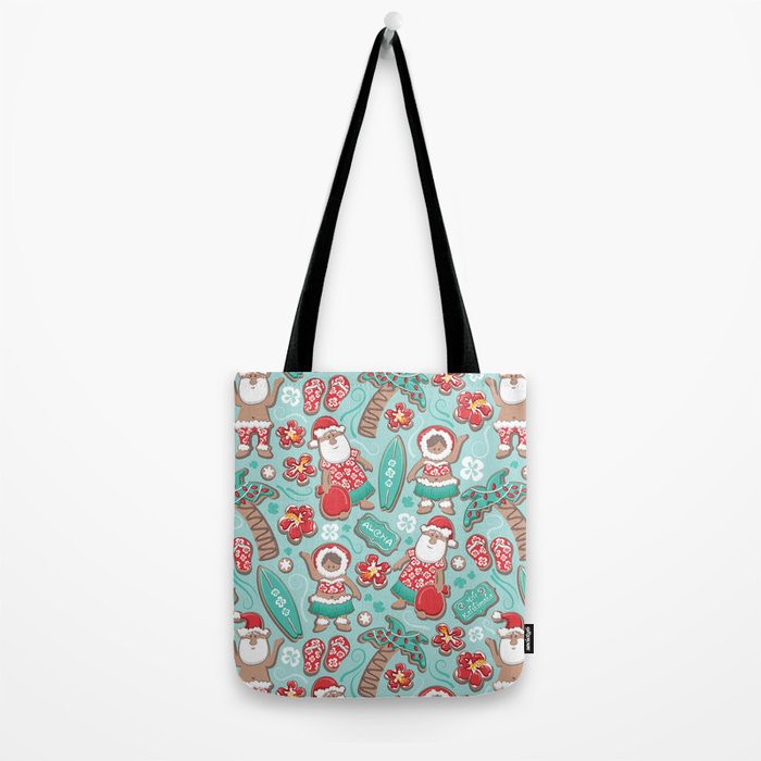 Mele Kalikimaka Hawaiian Christmas gingerbread cookies // aqua background Tote Bag Gallery Image 2
