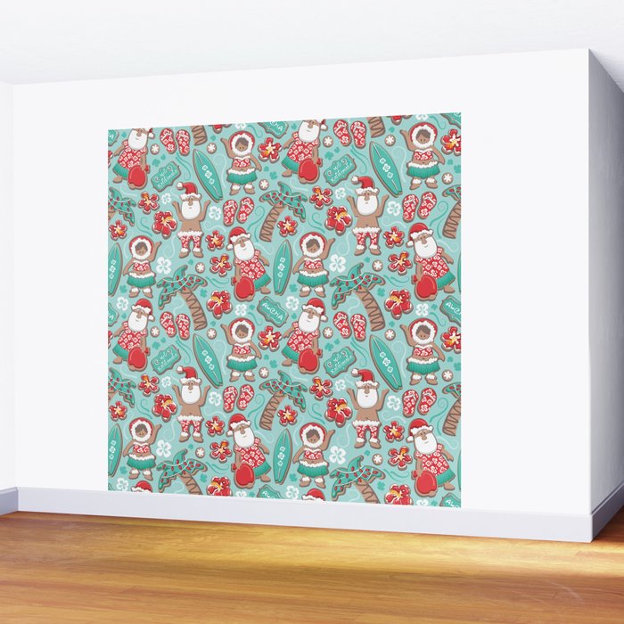 Mele Kalikimaka Hawaiian Christmas gingerbread cookies // aqua background Wall Mural Gallery Image 2