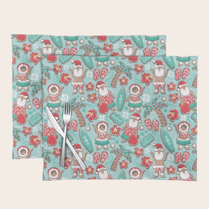 Mele Kalikimaka Hawaiian Christmas gingerbread cookies // aqua background Placemat Gallery Image 1