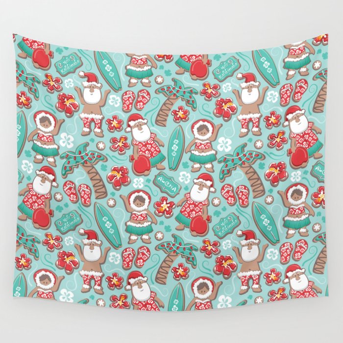 Mele Kalikimaka Hawaiian Christmas gingerbread cookies // aqua background Wall Tapestry Gallery Image 1