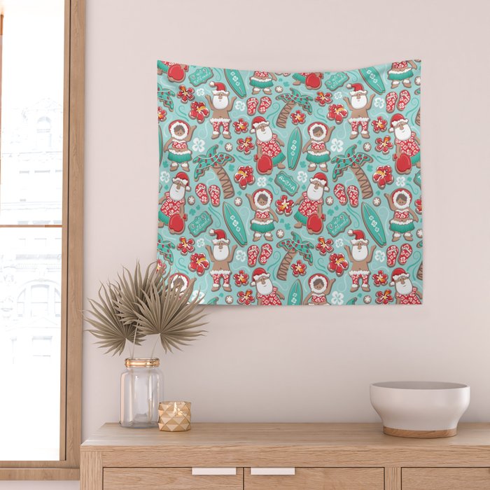 Mele Kalikimaka Hawaiian Christmas gingerbread cookies // aqua background Wall Tapestry Gallery Image 2