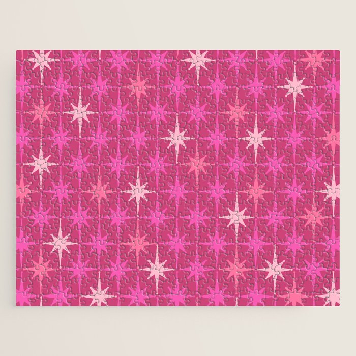 Hot Pink Stars Mid Century Modern Atomic Age Starburst Pattern Jigsaw Puzzle Gallery Image 1