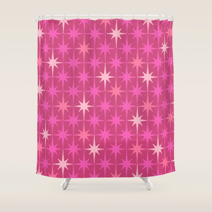 Hot Pink Stars Mid Century Modern Atomic Age Starburst Pattern Shower Curtain Gallery Image 1