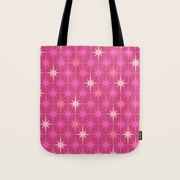 Hot Pink Stars Mid Century Modern Atomic Age Starburst Pattern Tote Bag Gallery Image 1