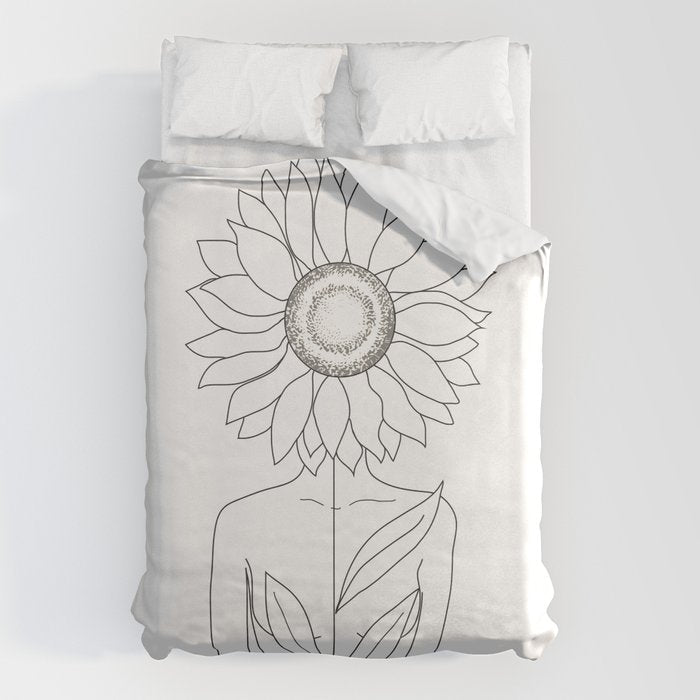 Minimalistic Line Art of Woman with Sunflower Duvet Cover Gallery Image 6