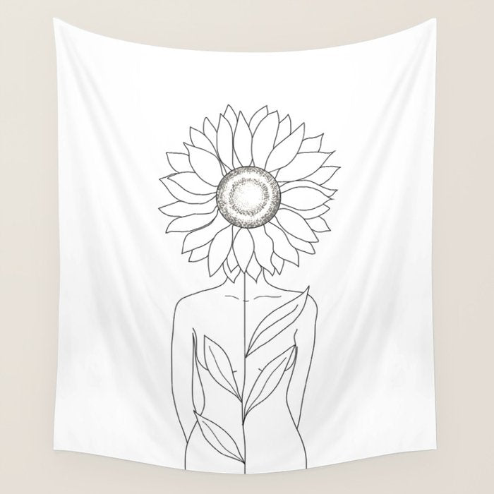 Minimalistic Line Art of Woman with Sunflower Wall Tapestry Gallery Image 4