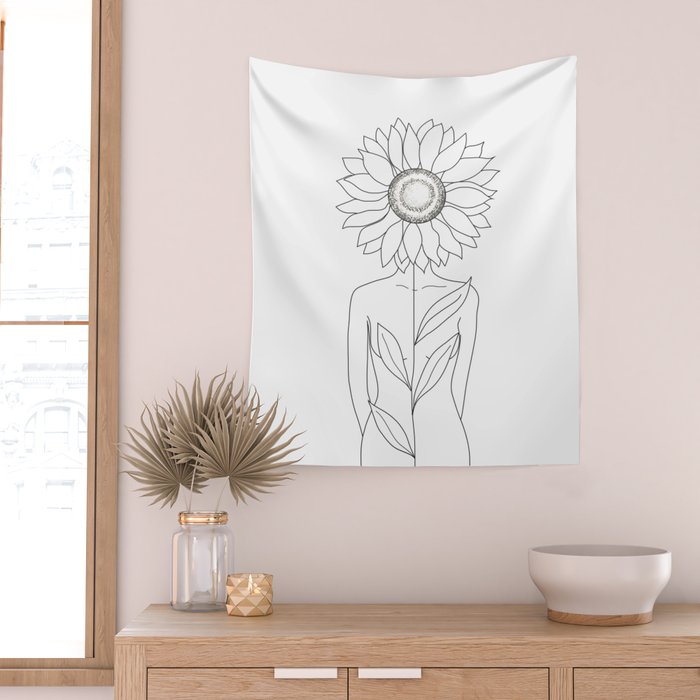 Minimalistic Line Art of Woman with Sunflower Wall Tapestry Gallery Image 2