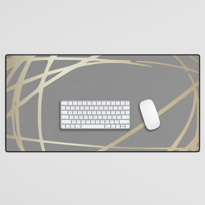 Gold and Gray Circles and Swirls Striped Abstract Pattern Desk Mat Gallery Image 1