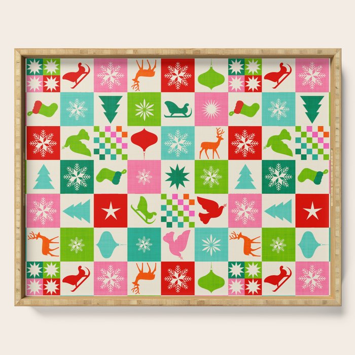 Retro Ditsy Holiday Icons Check pattern - candy Serving Tray Gallery Image 1