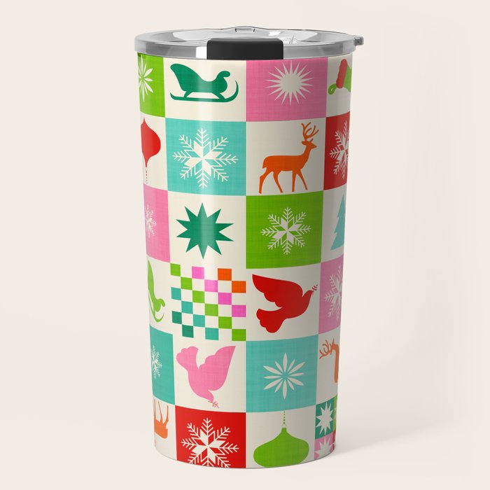 Retro Ditsy Holiday Icons Check pattern - candy Travel Mug Gallery Image 1