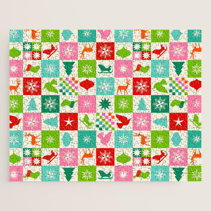 Retro Ditsy Holiday Icons Check pattern - candy Jigsaw Puzzle Gallery Image 1