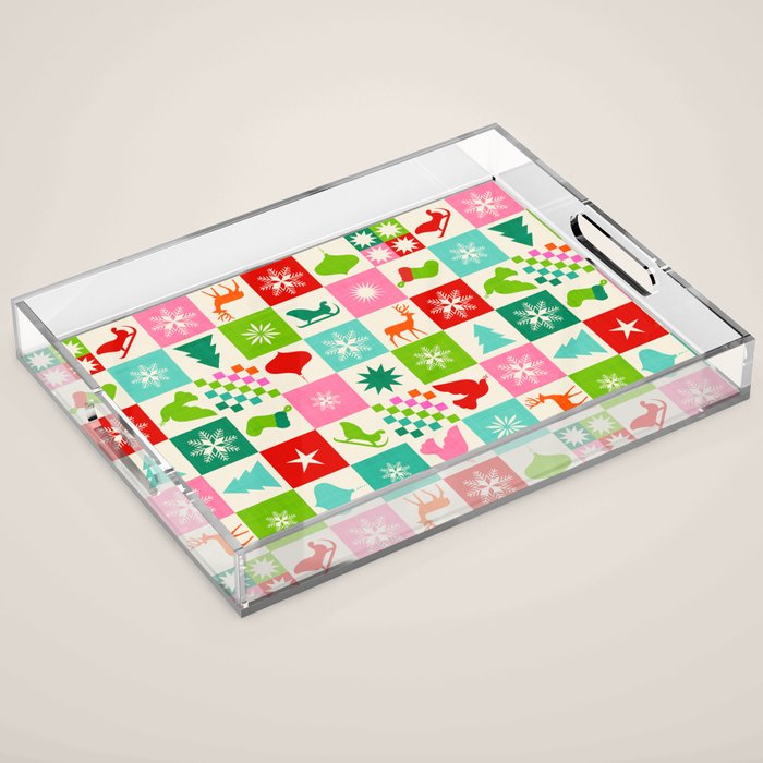 Retro Ditsy Holiday Icons Check pattern - candy Acrylic Tray Gallery Image 1