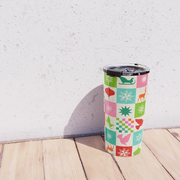 Retro Ditsy Holiday Icons Check pattern - candy Travel Mug Gallery Image 4