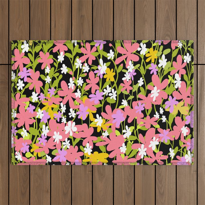 Summer flower meadow on black Outdoor Rug Gallery Image 1