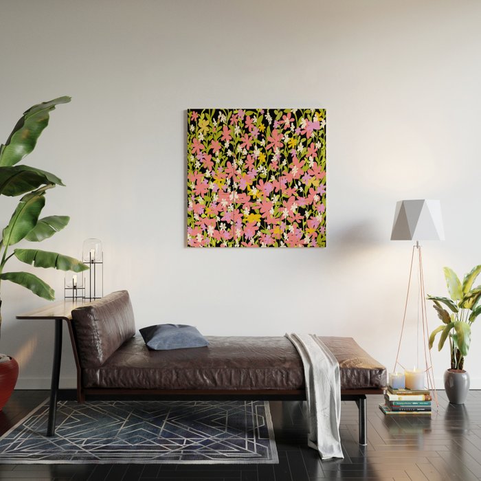 Summer flower meadow on black Wood Wall Art Gallery Image 2