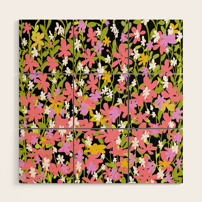 Summer flower meadow on black Wood Wall Art Gallery Image 1