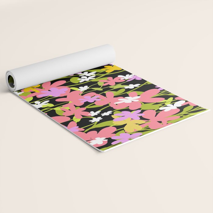 Summer flower meadow on black Yoga Mat Gallery Image 2