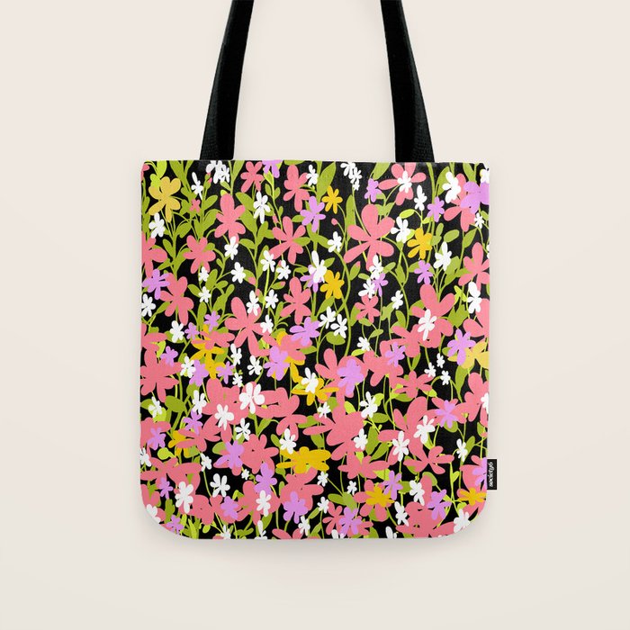 Summer flower meadow on black Tote Bag Gallery Image 1