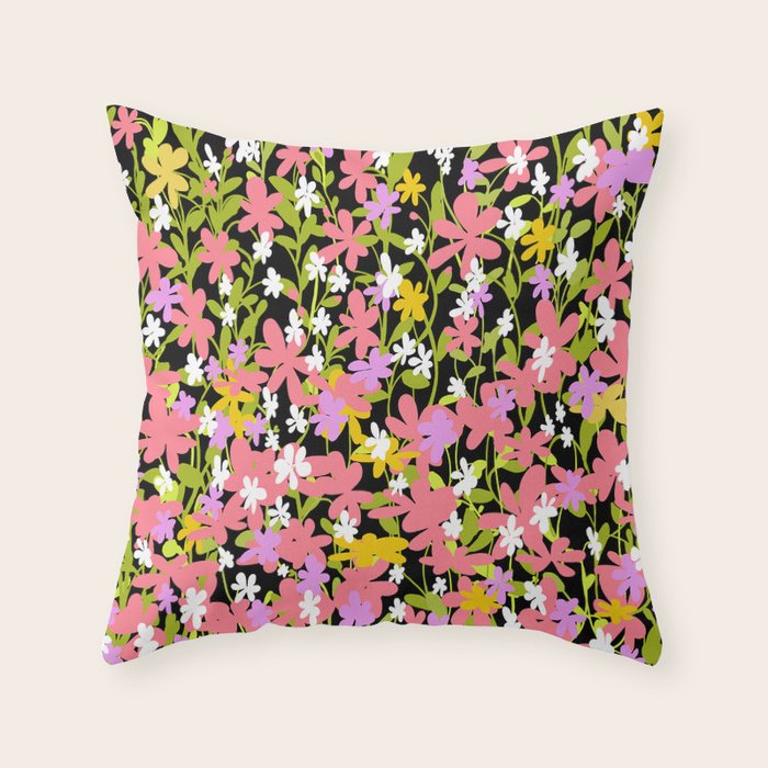 Summer flower meadow on black Throw Pillow Gallery Image 1
