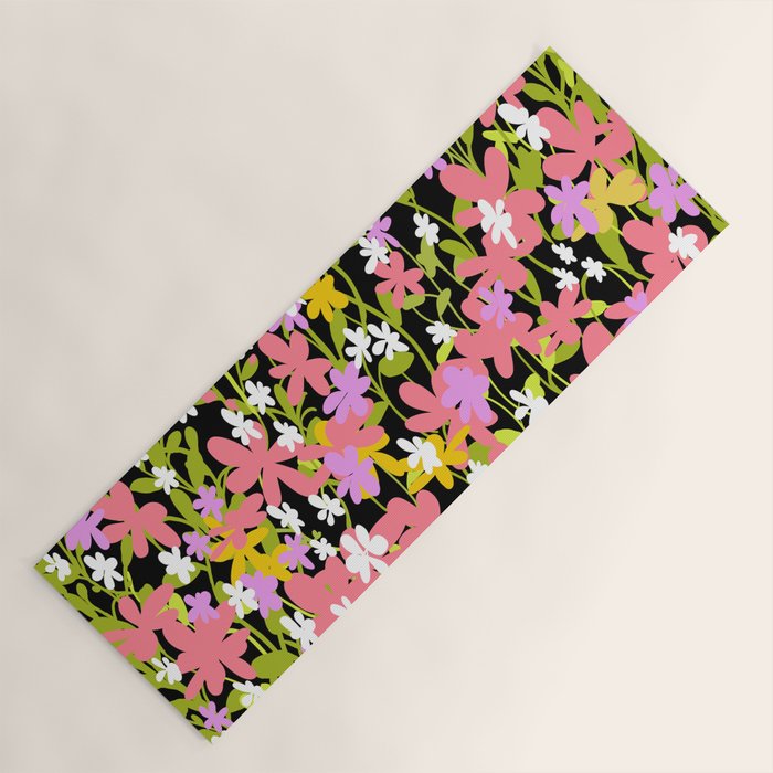 Summer flower meadow on black Yoga Mat Gallery Image 1