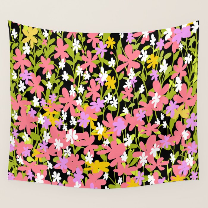 Summer flower meadow on black Wall Tapestry Gallery Image 4