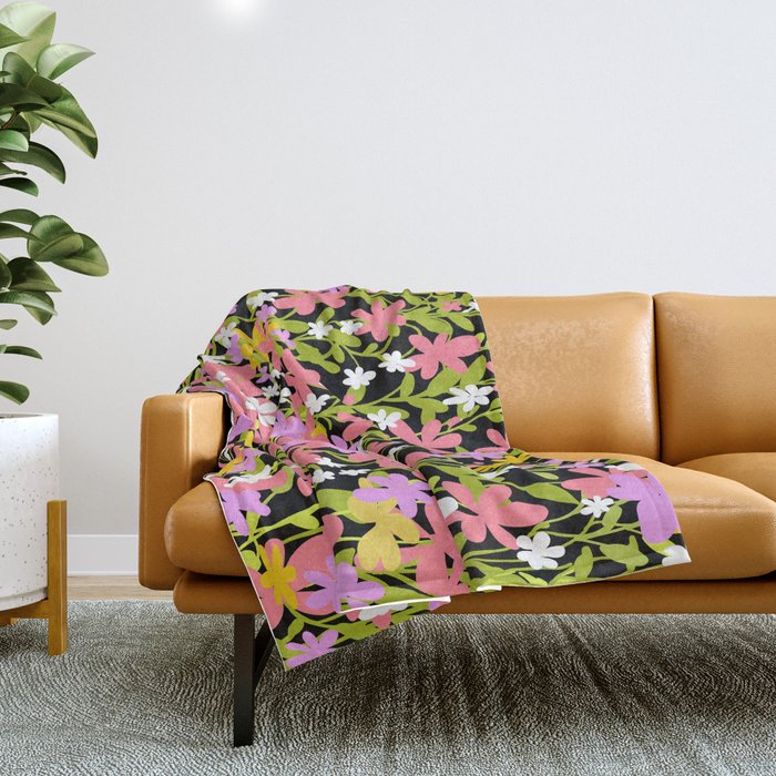 Summer flower meadow on black Throw Blanket Gallery Image 1