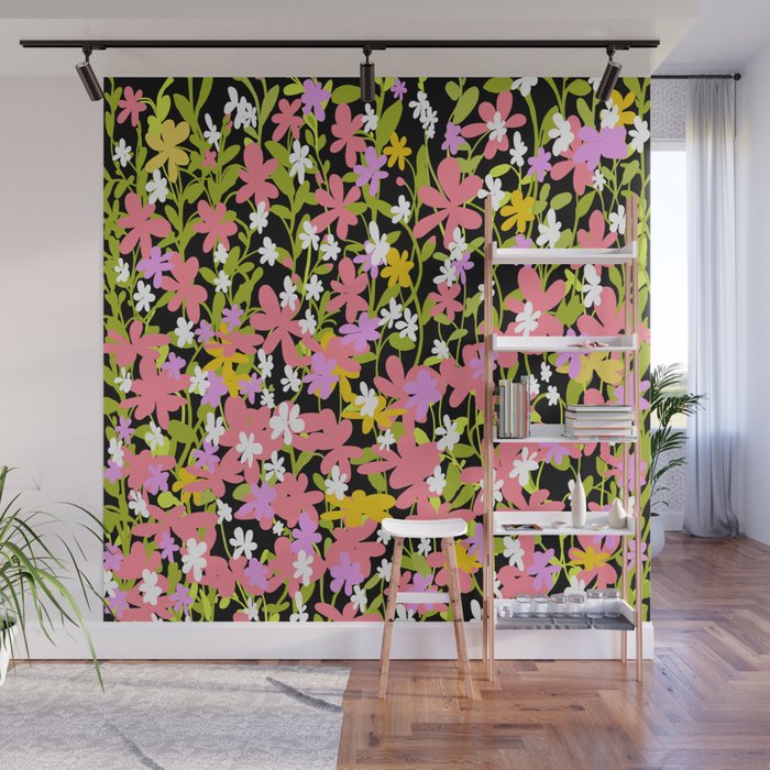 Summer flower meadow on black Wall Mural Gallery Image 1