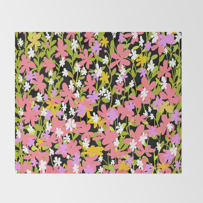 Summer flower meadow on black Throw Blanket Gallery Image 2