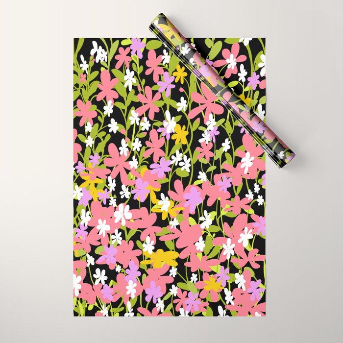 Summer flower meadow on black Wrapping Paper Gallery Image 1
