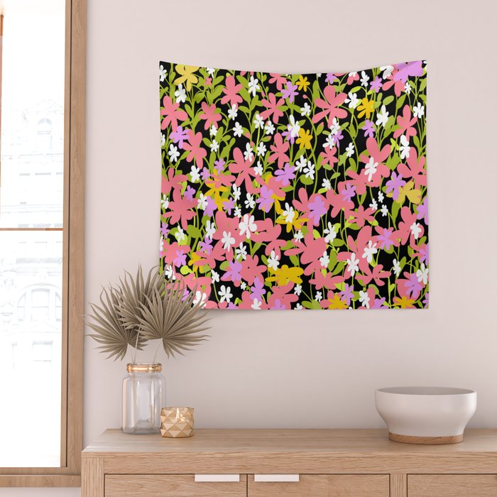 Summer flower meadow on black Wall Tapestry Gallery Image 2