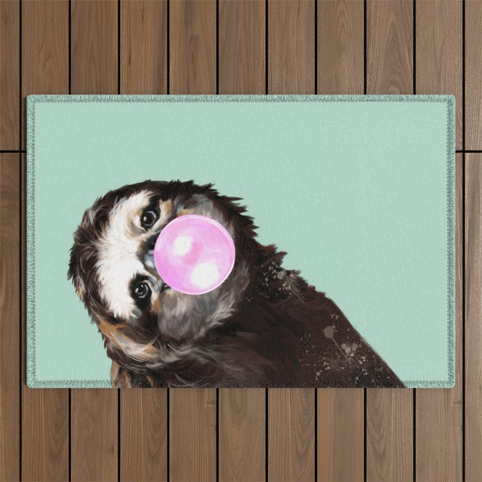 Bubble Gum Sneaky Sloth in Green Outdoor Rug Gallery Image 1