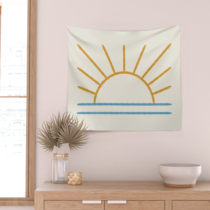 Sunset Lines - Gold Blue Wall Tapestry Gallery Image 2