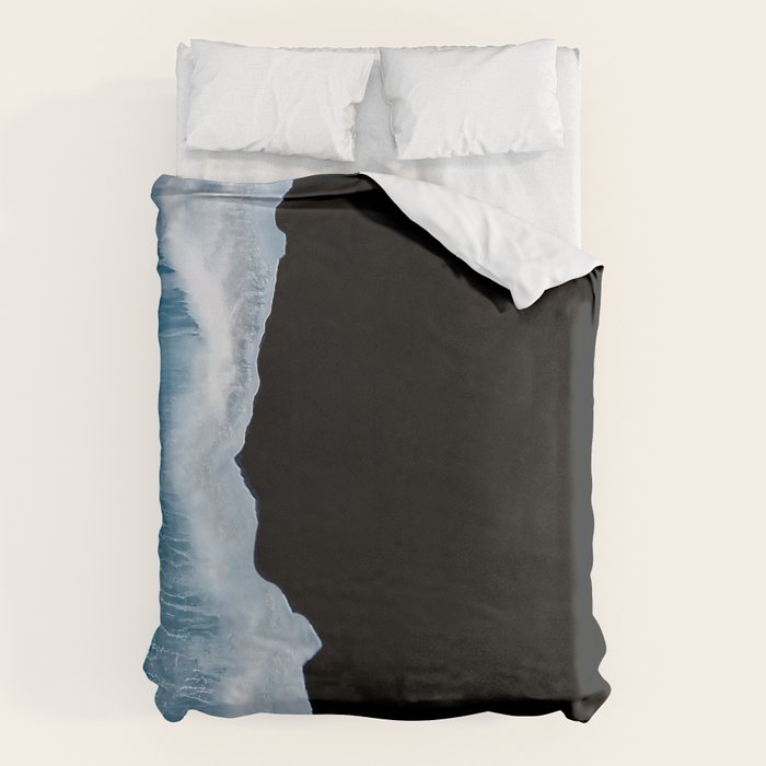 Minimalist wave crashing on a black sand beach in Iceland â Ocean Landscape Photography Duvet Cover Gallery Image 1