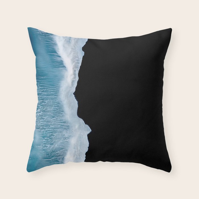 Minimalist wave crashing on a black sand beach in Iceland â Ocean Landscape Photography Throw Pillow Gallery Image 1