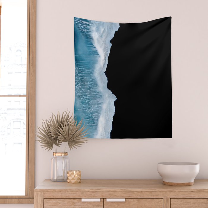 Minimalist wave crashing on a black sand beach in Iceland â Ocean Landscape Photography Wall Tapestry Gallery Image 2