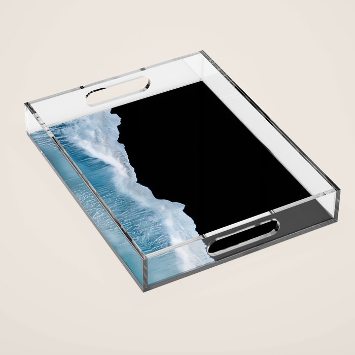 Minimalist wave crashing on a black sand beach in Iceland â Ocean Landscape Photography Acrylic Tray Gallery Image 1