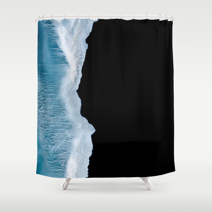Minimalist wave crashing on a black sand beach in Iceland â Ocean Landscape Photography Shower Curtain Gallery Image 1