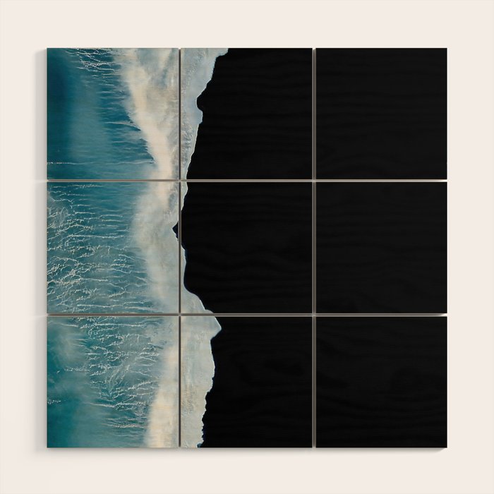Minimalist wave crashing on a black sand beach in Iceland â Ocean Landscape Photography Wood Wall Art Gallery Image 1