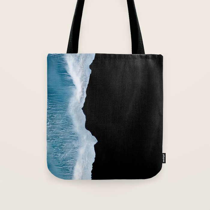 Minimalist wave crashing on a black sand beach in Iceland â Ocean Landscape Photography Tote Bag Gallery Image 1