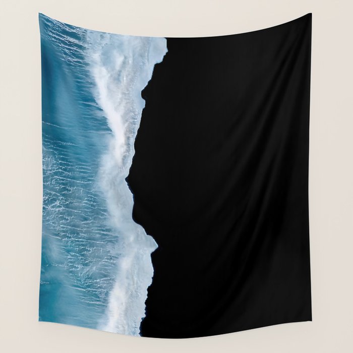 Minimalist wave crashing on a black sand beach in Iceland â Ocean Landscape Photography Wall Tapestry Gallery Image 4