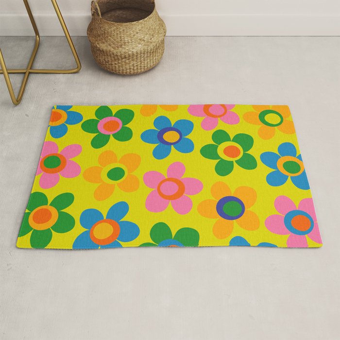 Colorful Maisie Flowers Cheerful Retro Contemporary Floral Pattern on Yellow Rug Gallery Image 1