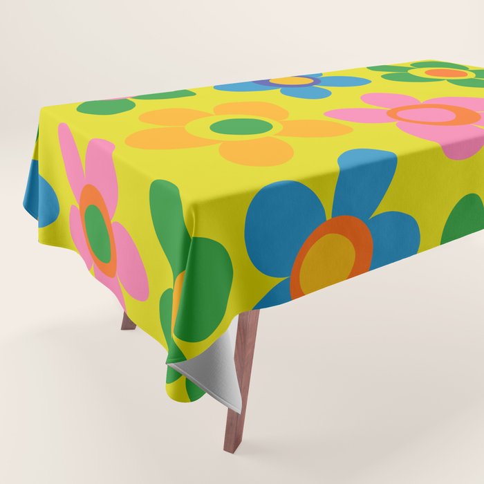 Colorful Maisie Flowers Cheerful Retro Contemporary Floral Pattern on Yellow Tablecloth Gallery Image 1